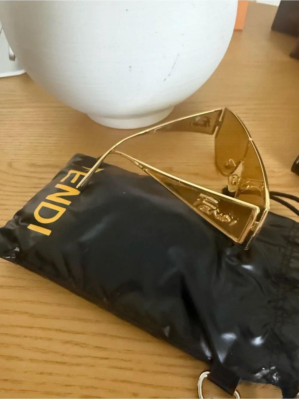 Fendi Gold Frame Amber Lens Shield Sunglasses